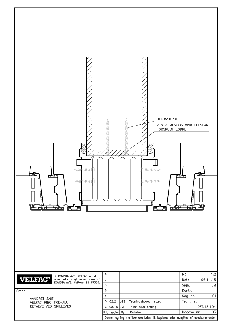 DET18104, indbygningstegning, detalje ved skillevæg